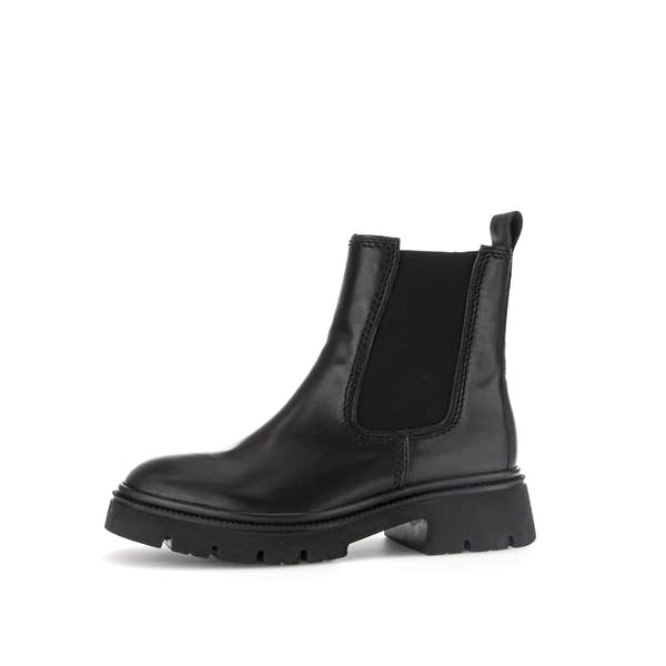 Gabor Marissa black waxed leather ankle boots with side zip, chunky sole, and pull tab, stylish and durable for women.