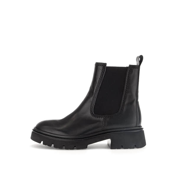 Gabor Marissa black waxed leather ankle boots with side zipper, chunky sole, and pull tab for women.