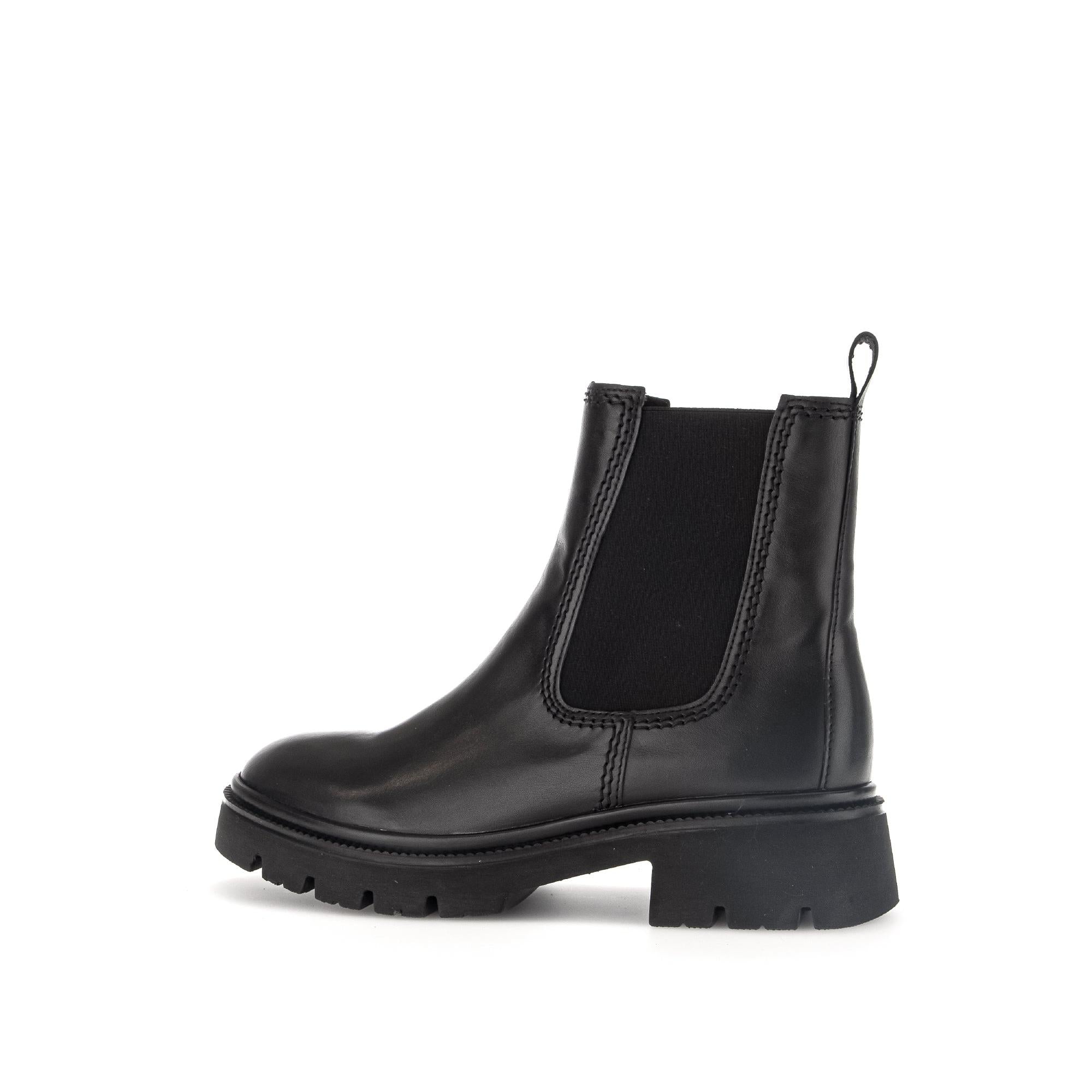 Gabor Marissa women's black waxed leather ankle boots with side zippers and chunky sole.