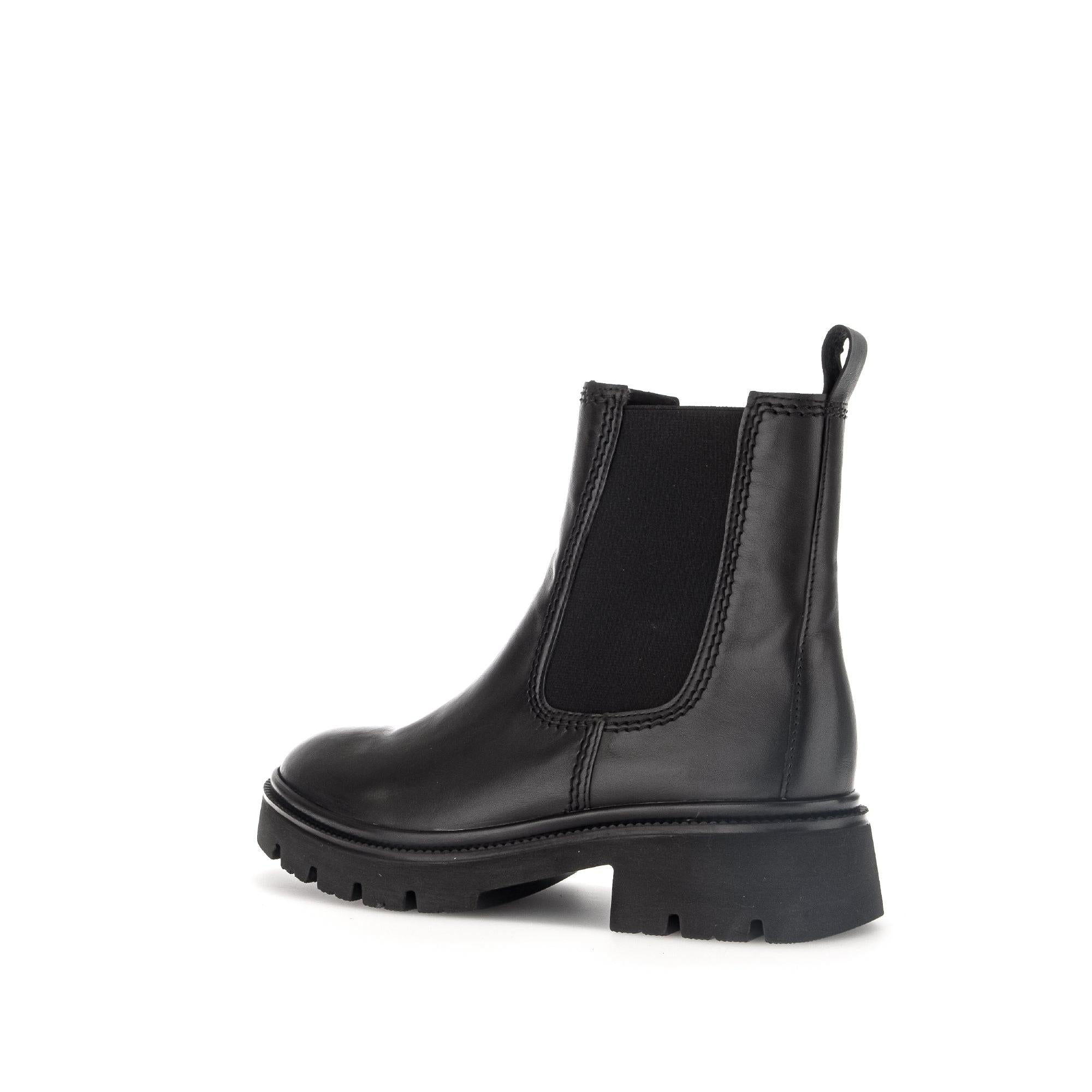 Gabor Marissa women's black waxed leather ankle boots with side zipper and chunky sole.