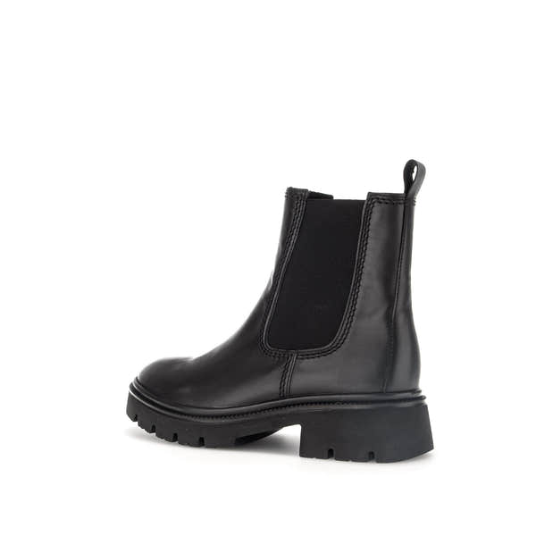 Gabor Marissa women's black waxed leather ankle boots with side zipper and chunky sole.