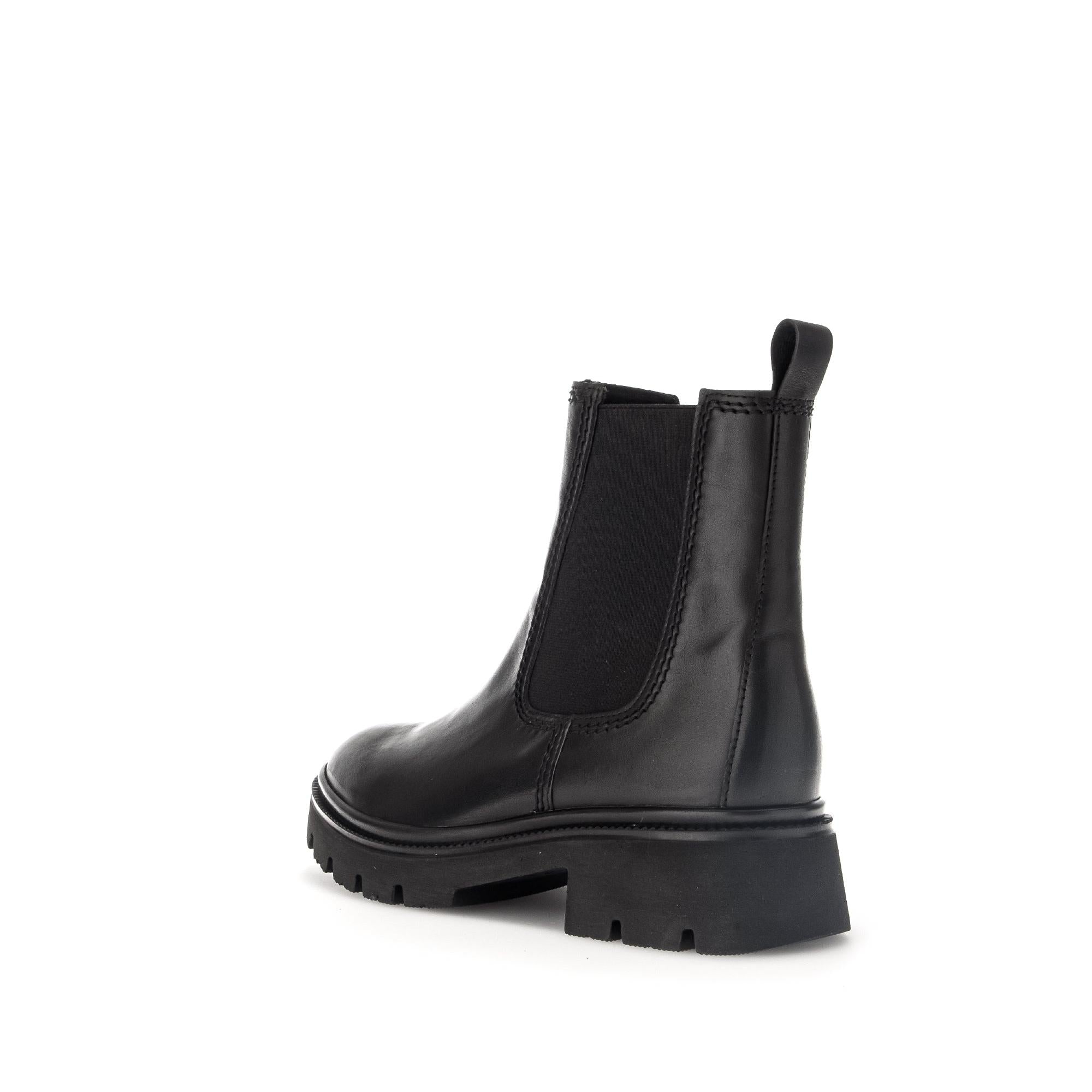 Gabor Marissa women's black waxed leather ankle boots with side zipper, chunky sole, and pull tab for easy wear.