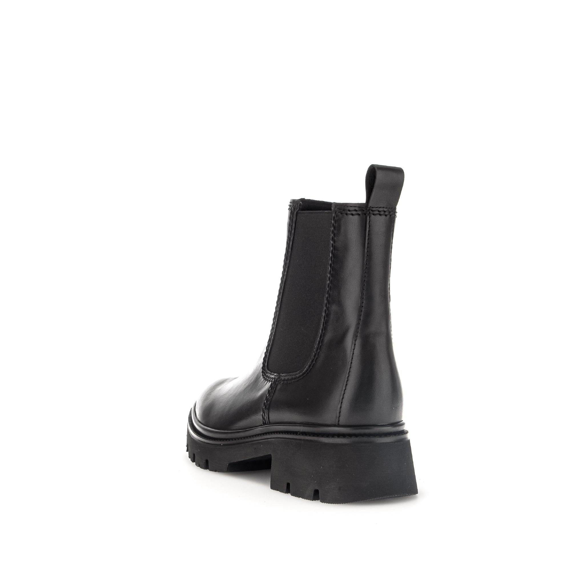 Gabor Marissa black waxed leather ankle boots with side zipper, chunky sole, and pull-tab for women.