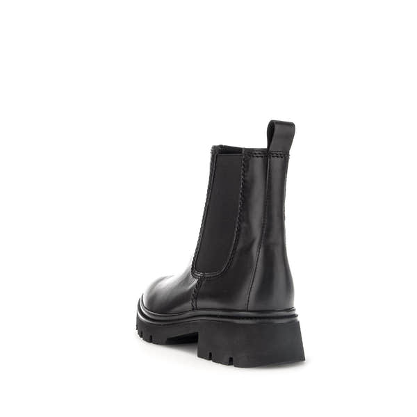 Gabor Marissa black waxed leather ankle boots with side zipper, chunky sole, and pull-tab for women.