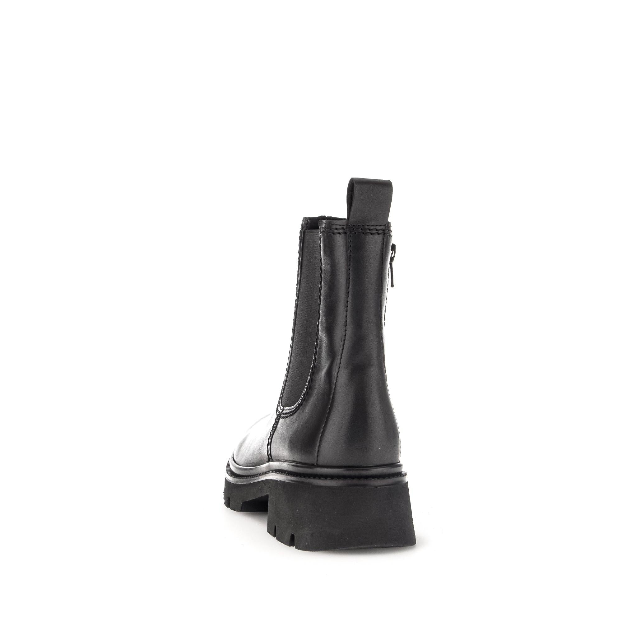 Gabor Marissa black waxed leather ankle boots with side zipper, chunky sole, and pull tab, stylish and durable for women.