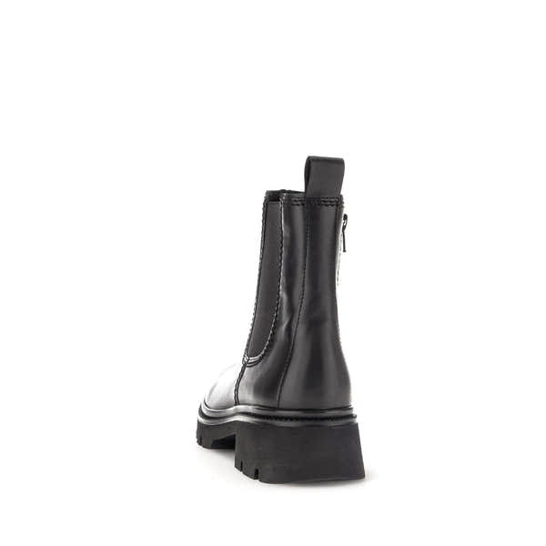 Gabor Marissa black waxed leather ankle boots with side zipper, chunky sole, and pull tab, stylish and durable for women.