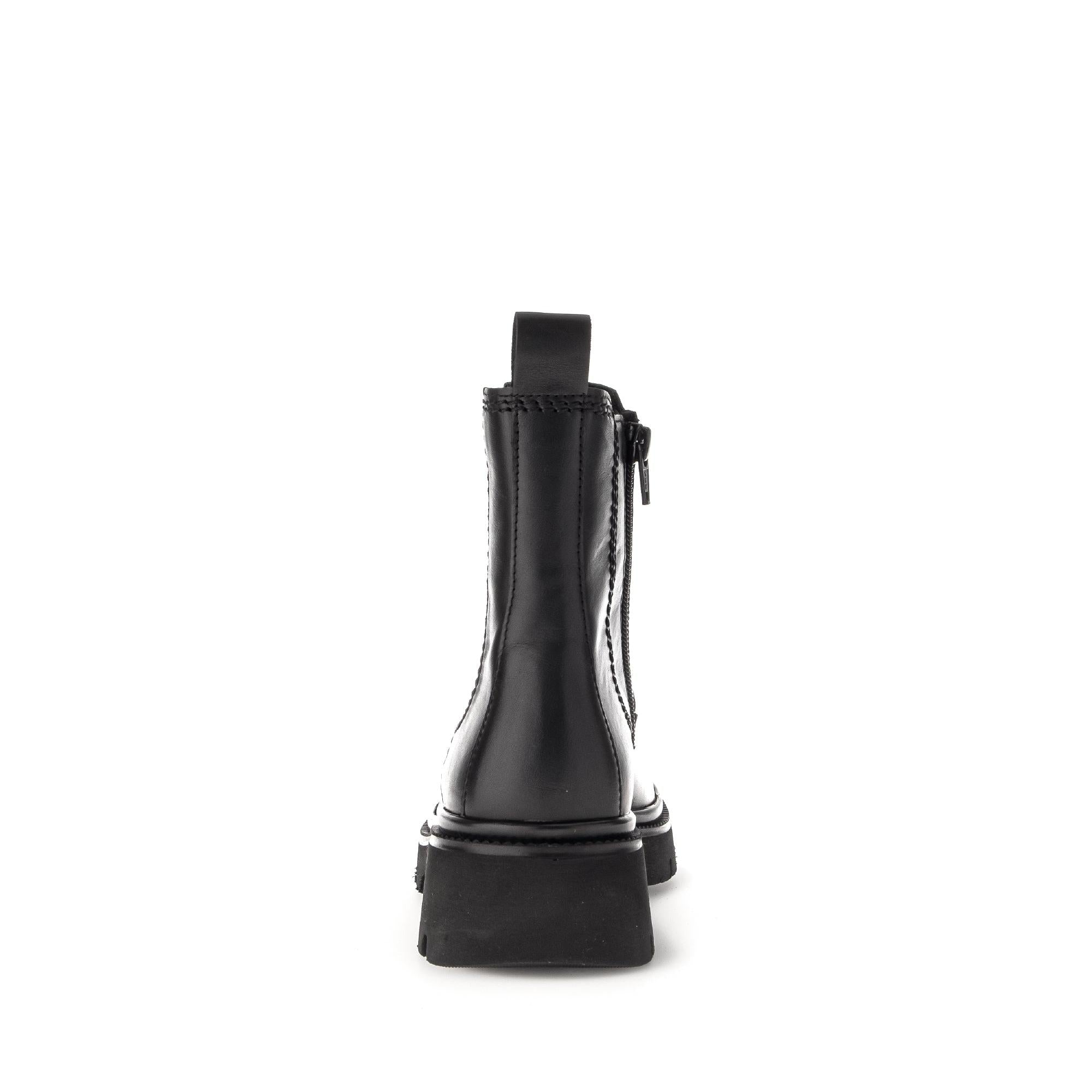 Gabor Marissa Ladies Black Waxed Leather Side Zip Ankle Boots with chunky soles and pull tab.