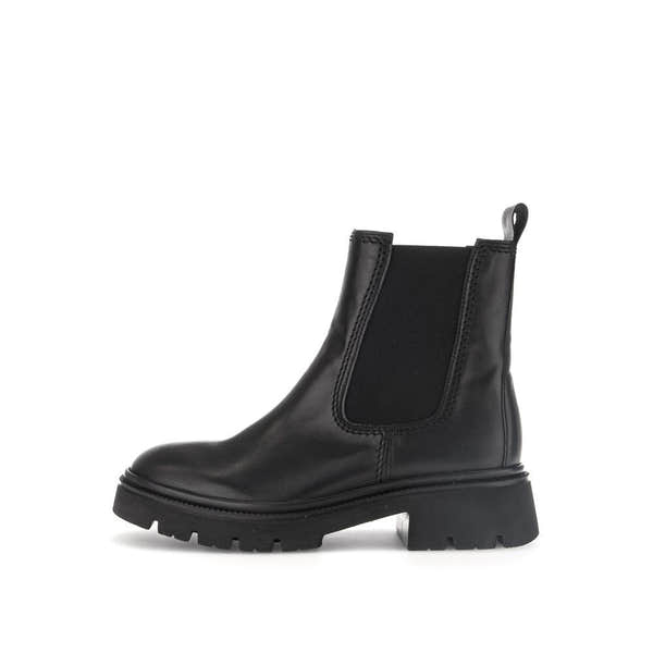 Gabor Marissa women's black waxed leather ankle boots with side zipper and chunky rubber sole.