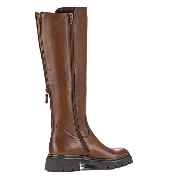Gabor women's knee-high brown smooth leather boots with side zippers and chunky black tread sole.
