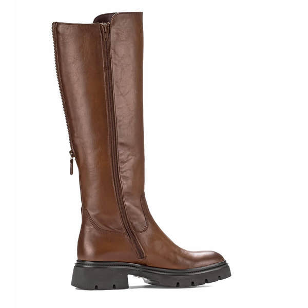 Gabor women's knee-high brown smooth leather boots with side zipper, matching, rugged sole, and stylish design.