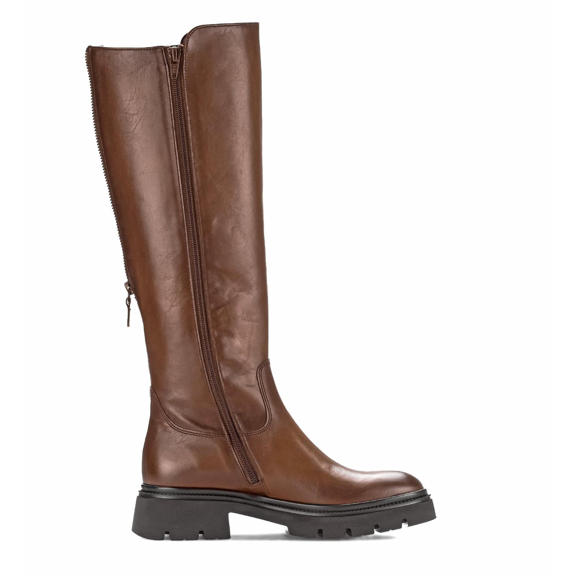 Gabor women's knee-high brown leather boots with side zipper, smooth finish, and rugged black sole.
