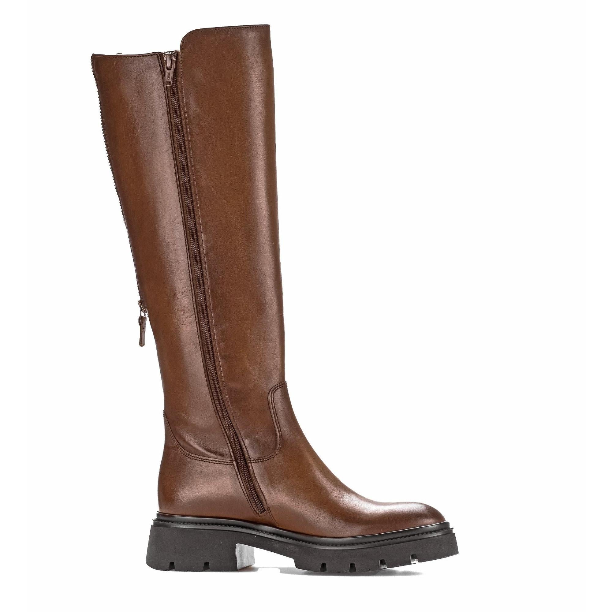 Gabor matching women's knee-high brown smooth leather boots with side zipper, chunky heel, and rugged outsole.