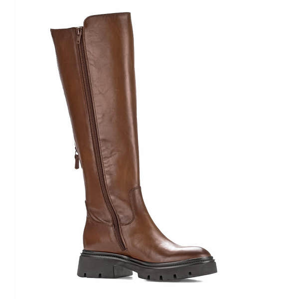 Gabor women's brown leather knee-high boots with side zipper, smooth finish, and chunky lug sole.