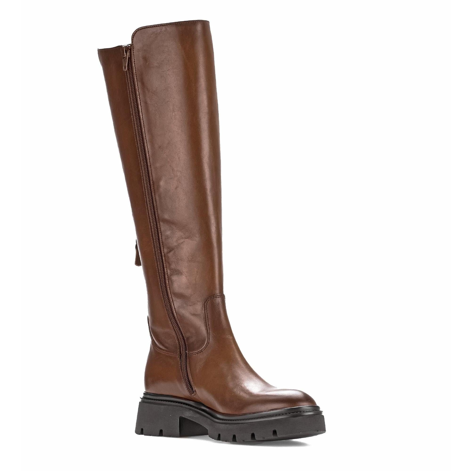 Gabor women's knee-high brown smooth leather boots with side zipper, chunky lug sole, and stylish design.