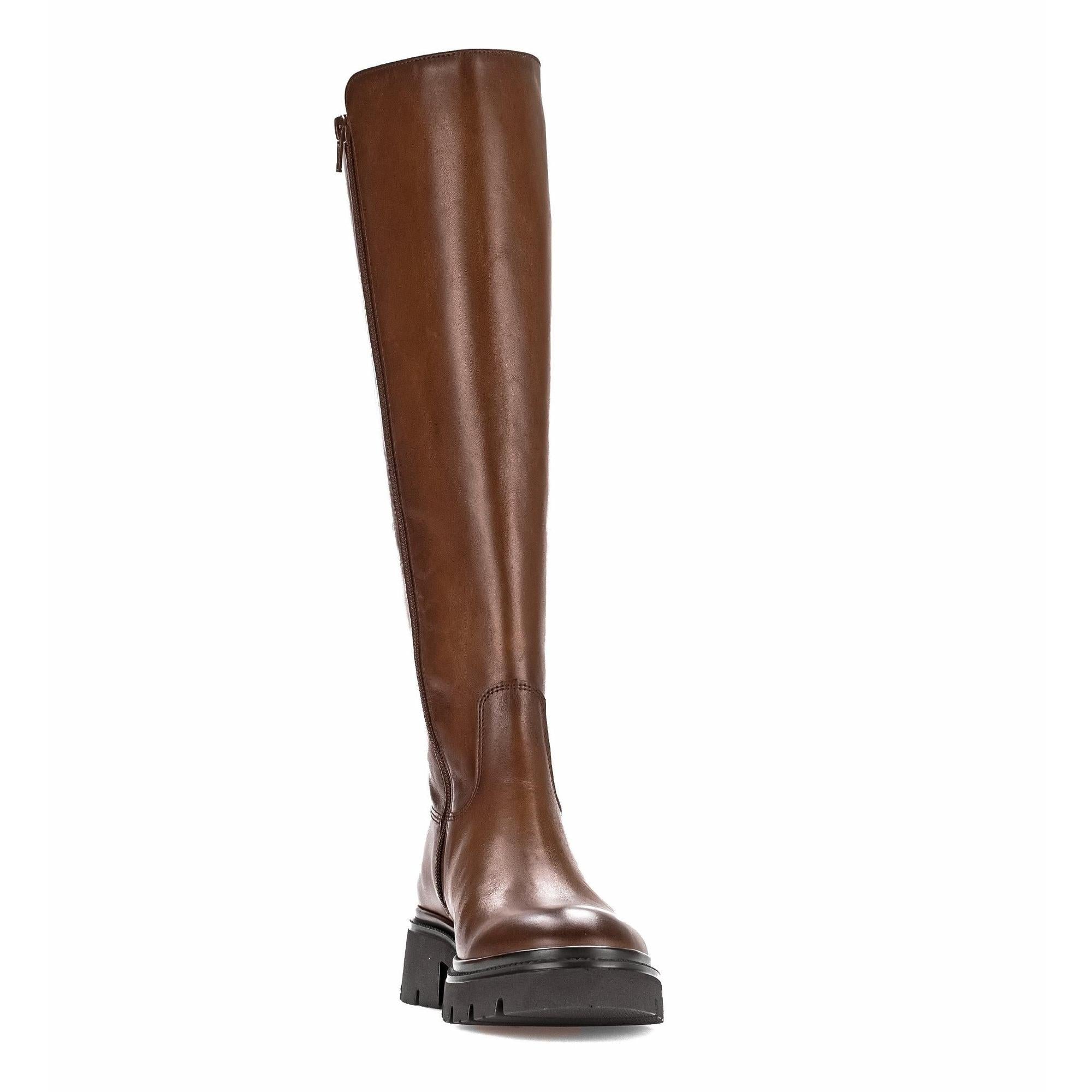 Gabor women's knee-high brown leather boots with side zip, smooth finish, and chunky black sole.