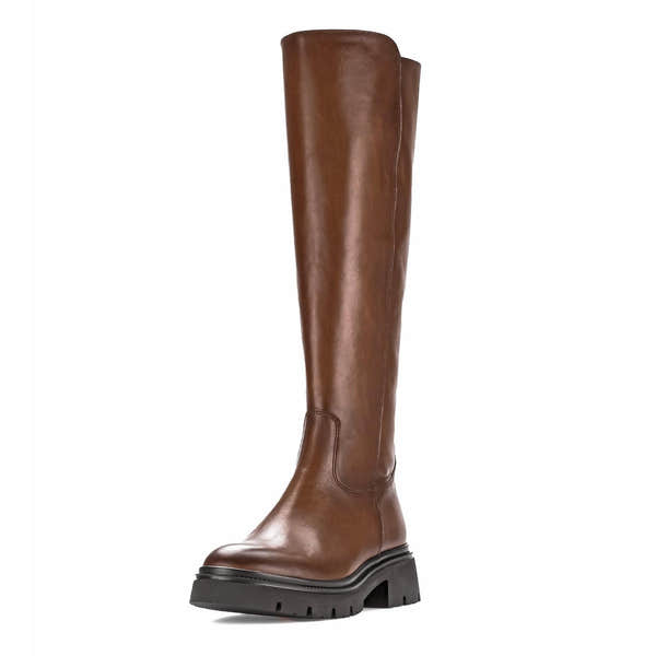 Gabor women's knee-high riding boots in smooth brown leather with side zip, chunky heel, and rugged sole.