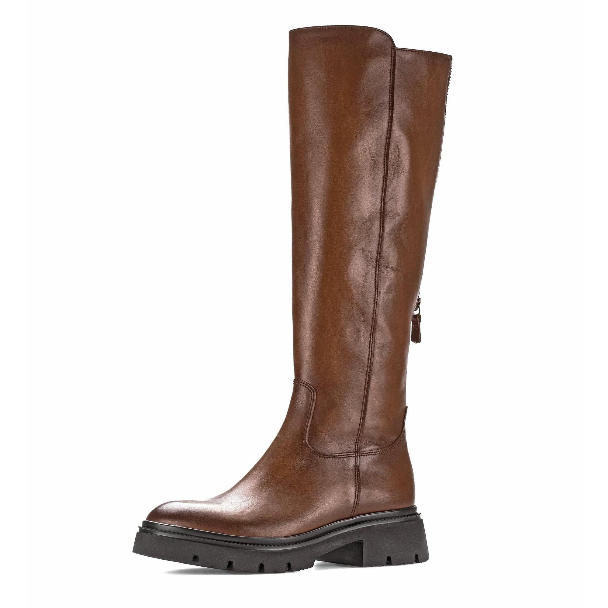 Gabor women's knee-high brown leather riding boots with side zip, smooth finish, and chunky black lug sole.