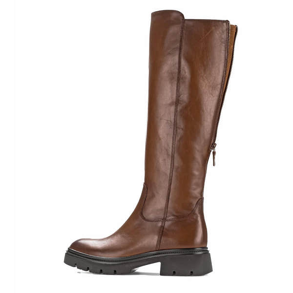 Gabor women's brown leather knee-high boots with side zip closure, smooth finish, and chunky lug sole.