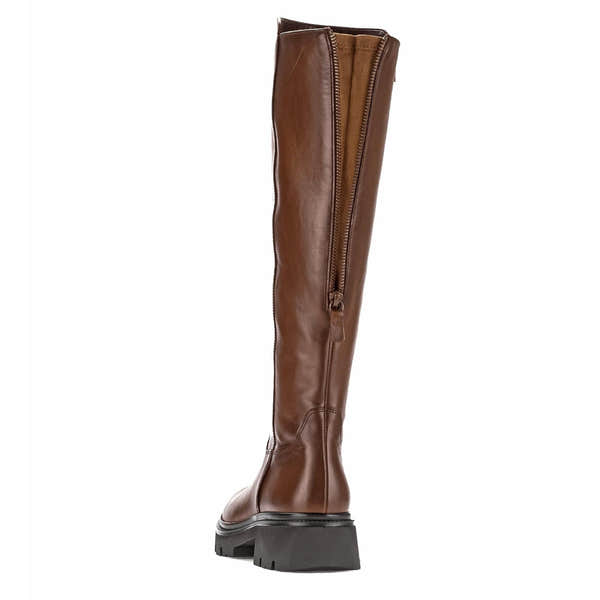 Gabor women's brown smooth leather knee-high boots with side zip, chunky heel, and over-the-knee design.