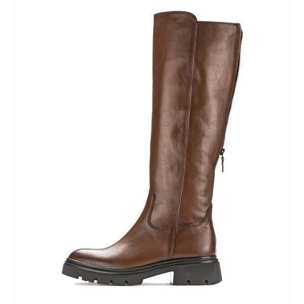 Gabor women's knee-high brown leather saddle boots with side zip, smooth finish, and chunky rubber sole.