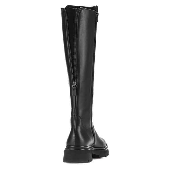 Gabor women's knee-high black leather boots with side zipper, waxed finish, and chunky heel detail.