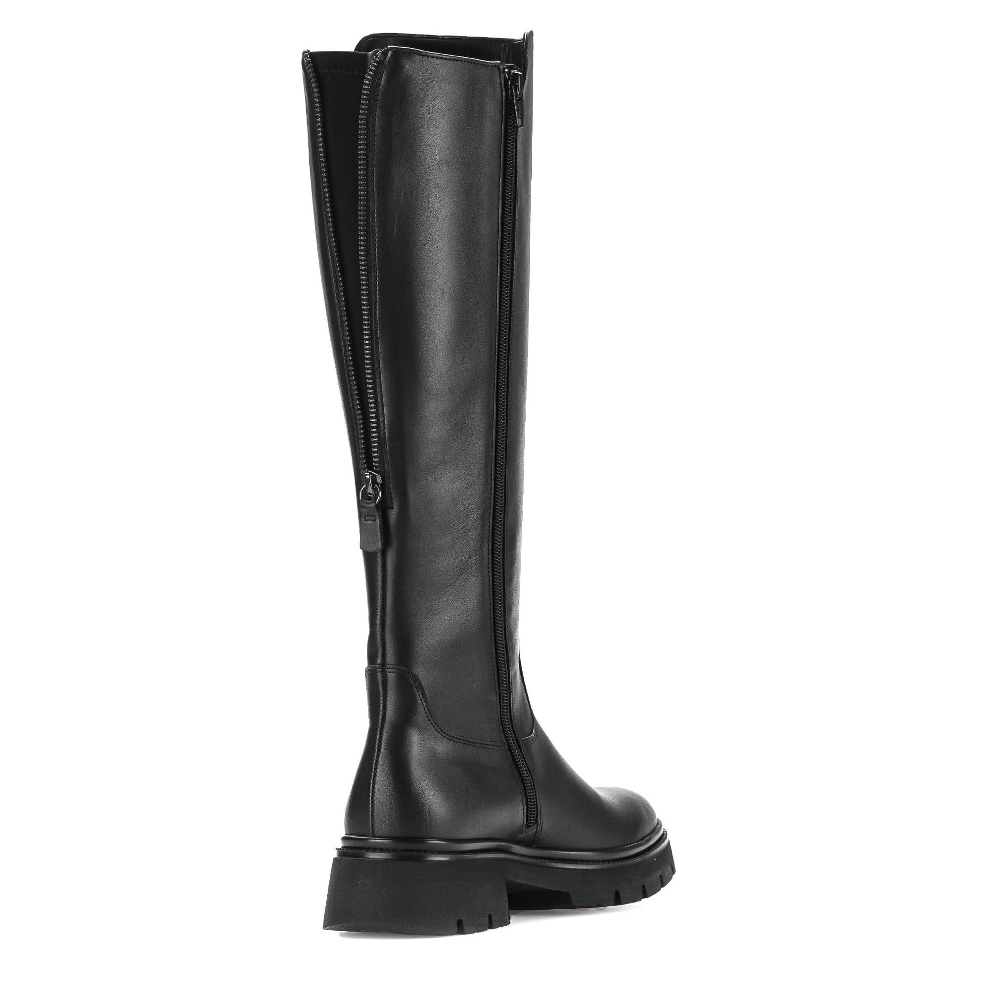 Gabor women's black waxed leather knee-high boots with side zipper, block heel, and chunky sole.