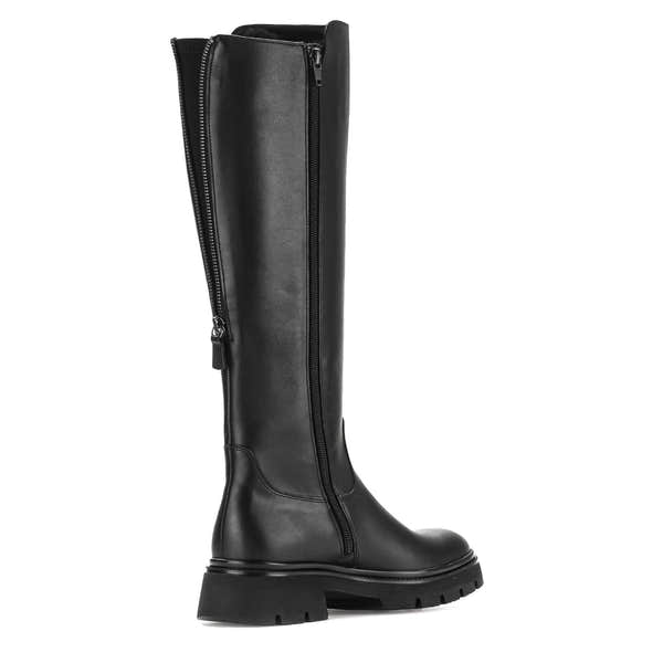 Gabor women's black waxed leather knee-high boots with side zipper, chunky sole, and sleek design.