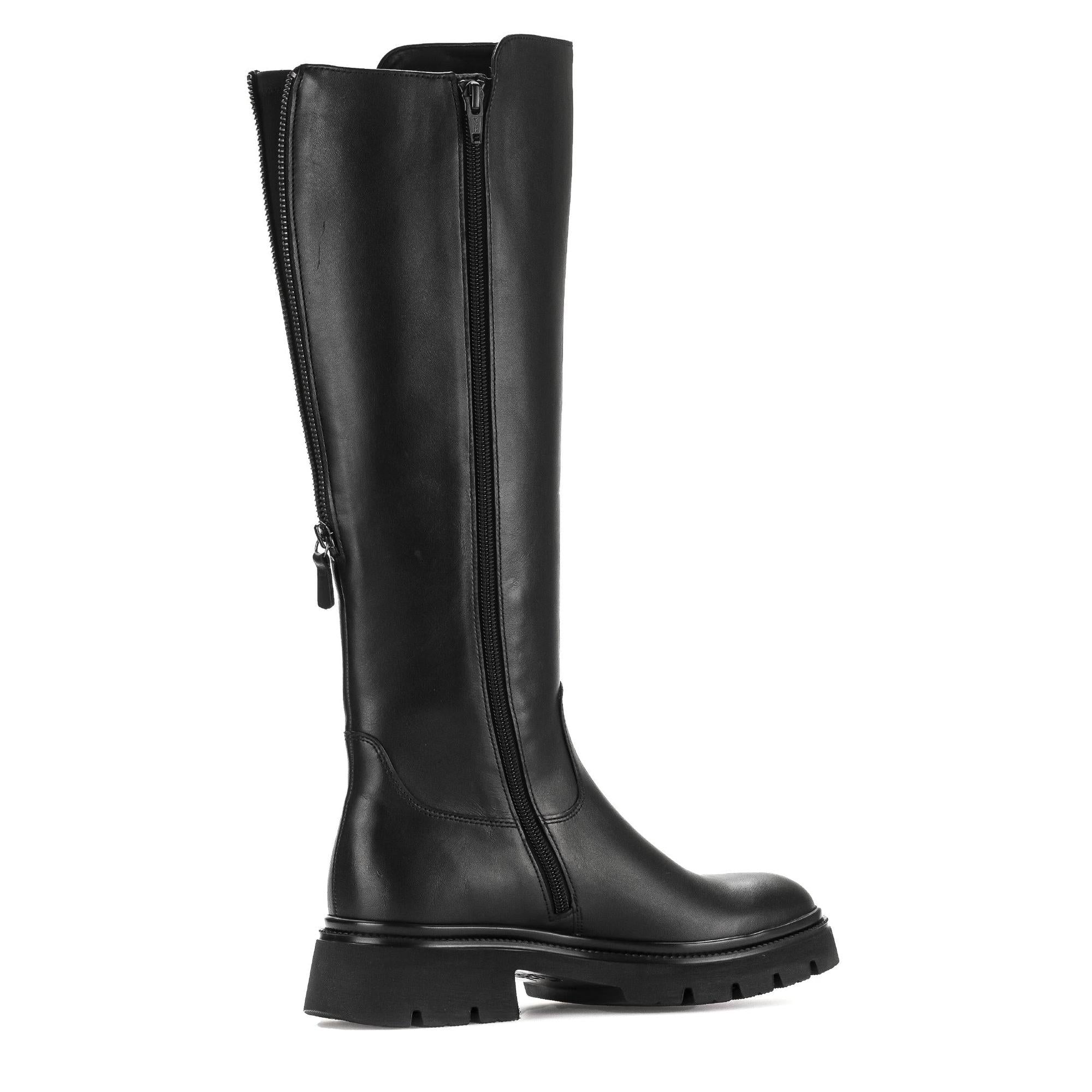 Gabor Ladies Black Waxed Leather Knee-High Boots with Side Zipper and Chunky Tread Sole.