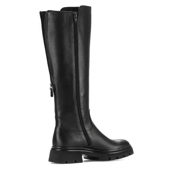 Gabor Ladies Black Waxed Leather Knee-High Boots with Side Zipper and Chunky Tread Sole.
