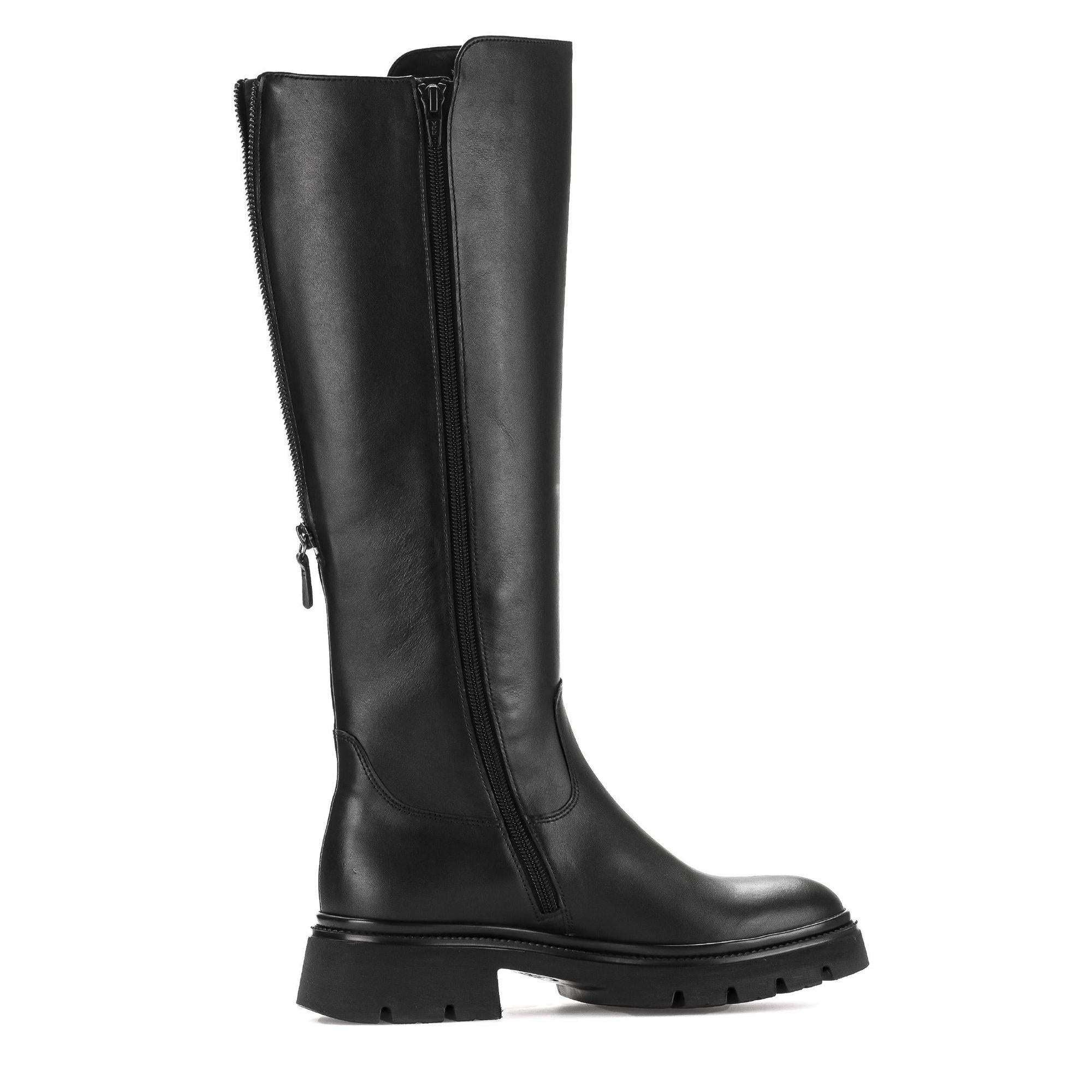 Gabor women's black leather knee-high boots with side zipper, waxed finish, and chunky sole, style 71.859.27.