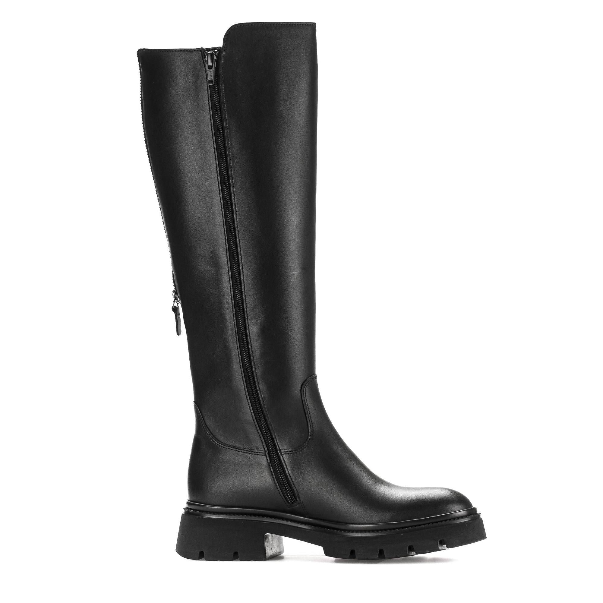 Gabor women's black waxed leather knee-high boots with side zipper and chunky sole.