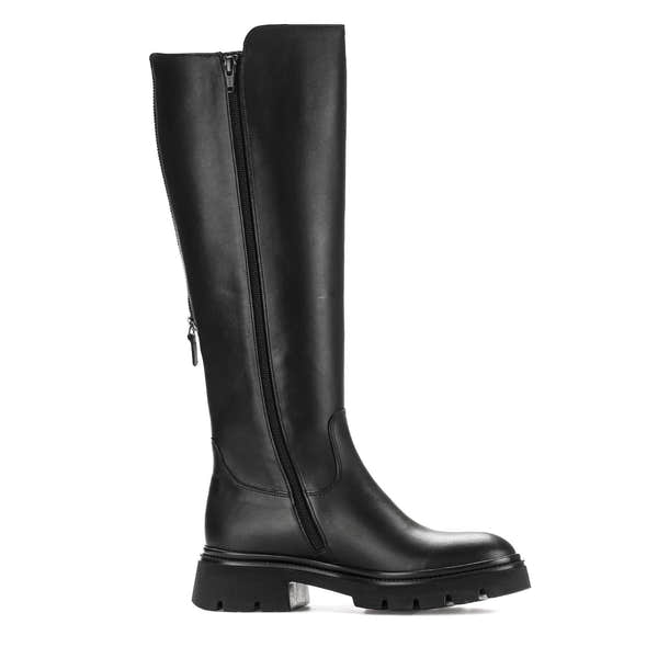 Gabor women's black waxed leather knee-high boots with side zipper and chunky sole.