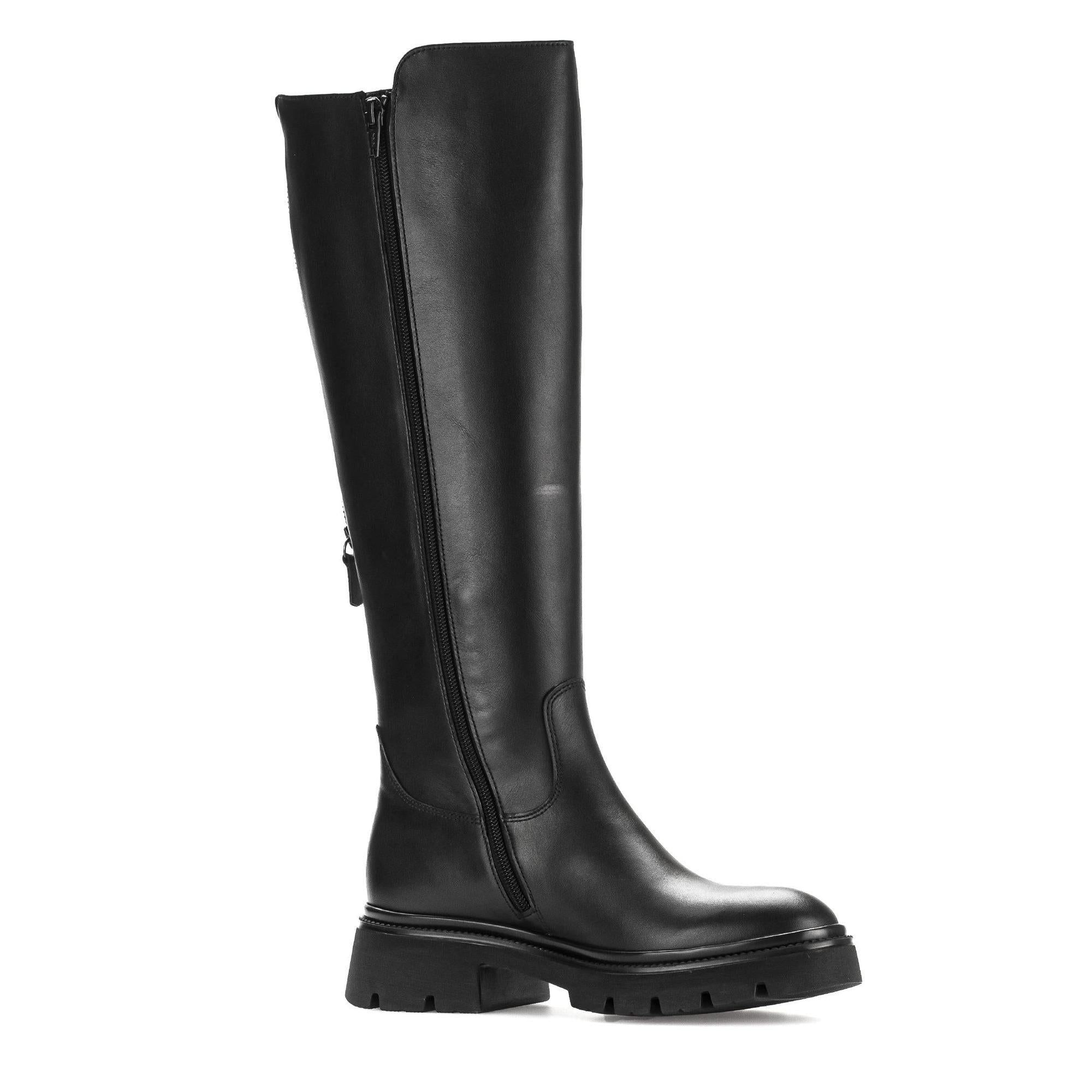 Gabor women's black waxed leather knee-high boots with side zipper, chunky heel, and rugged sole.