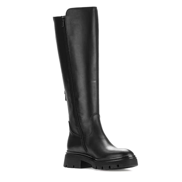 Gabor women's knee-high black leather ankle boots with side zipper, waxed finish, and chunky lug sole.