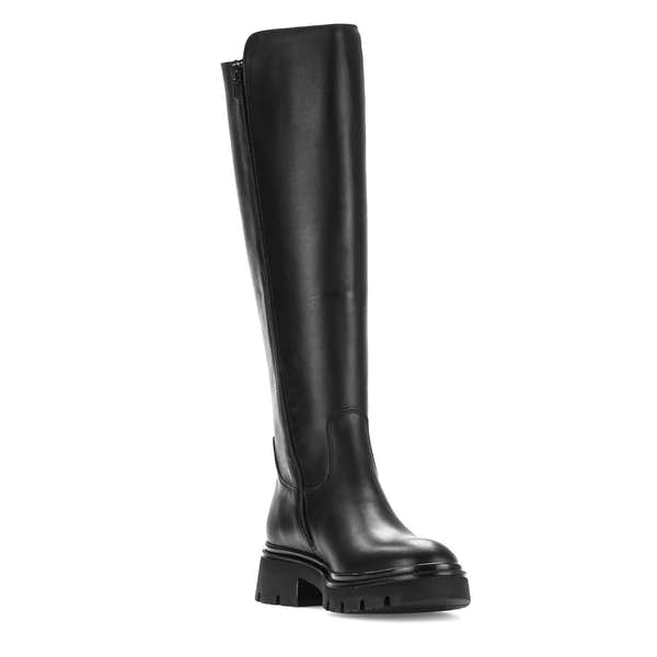 Gabor women's black waxed leather knee-high boots with side zip, chunky sole, and stylish design.