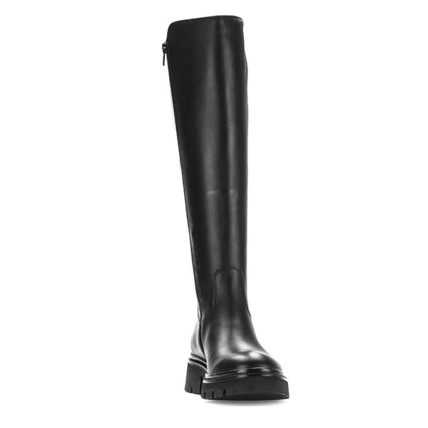 Gabor Women's Knee-High Black Leather Boots with Side Zipper and Chunky Heel, Waxed Finish.