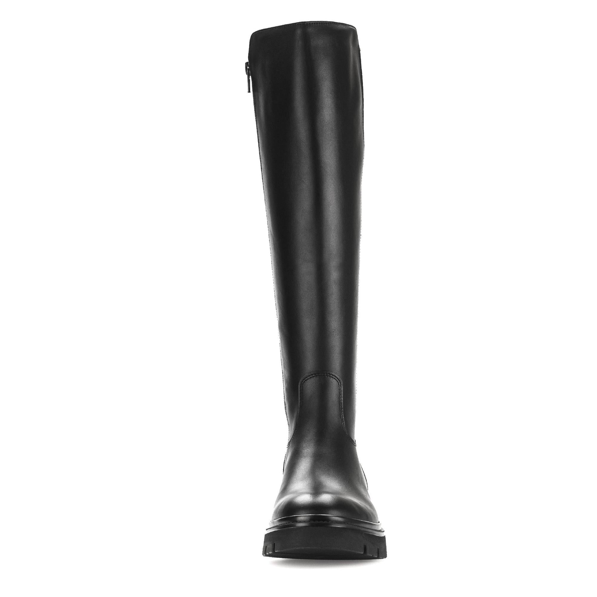 Gabor women's black waxed leather knee-high boots with side zipper, sleek design, and sturdy sole.