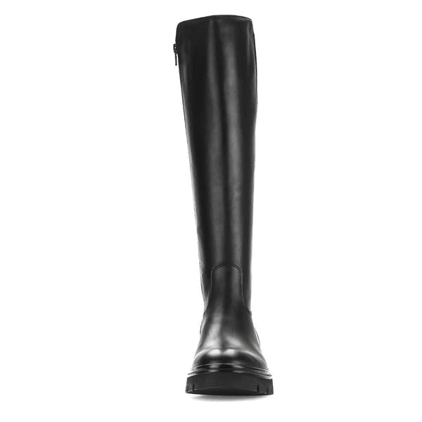 Gabor women's black waxed leather knee-high boots with side zipper, sleek design, and sturdy sole.