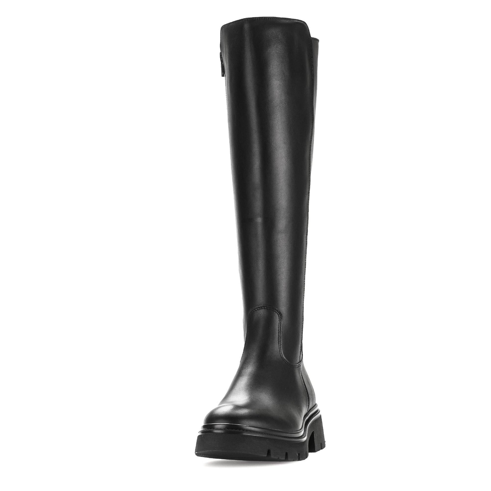 Gabor women's black waxed leather knee-high boots with side zipper and chunky heel.