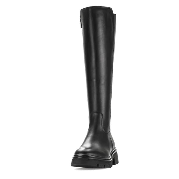 Gabor women's black waxed leather knee-high boots with side zipper and chunky heel.