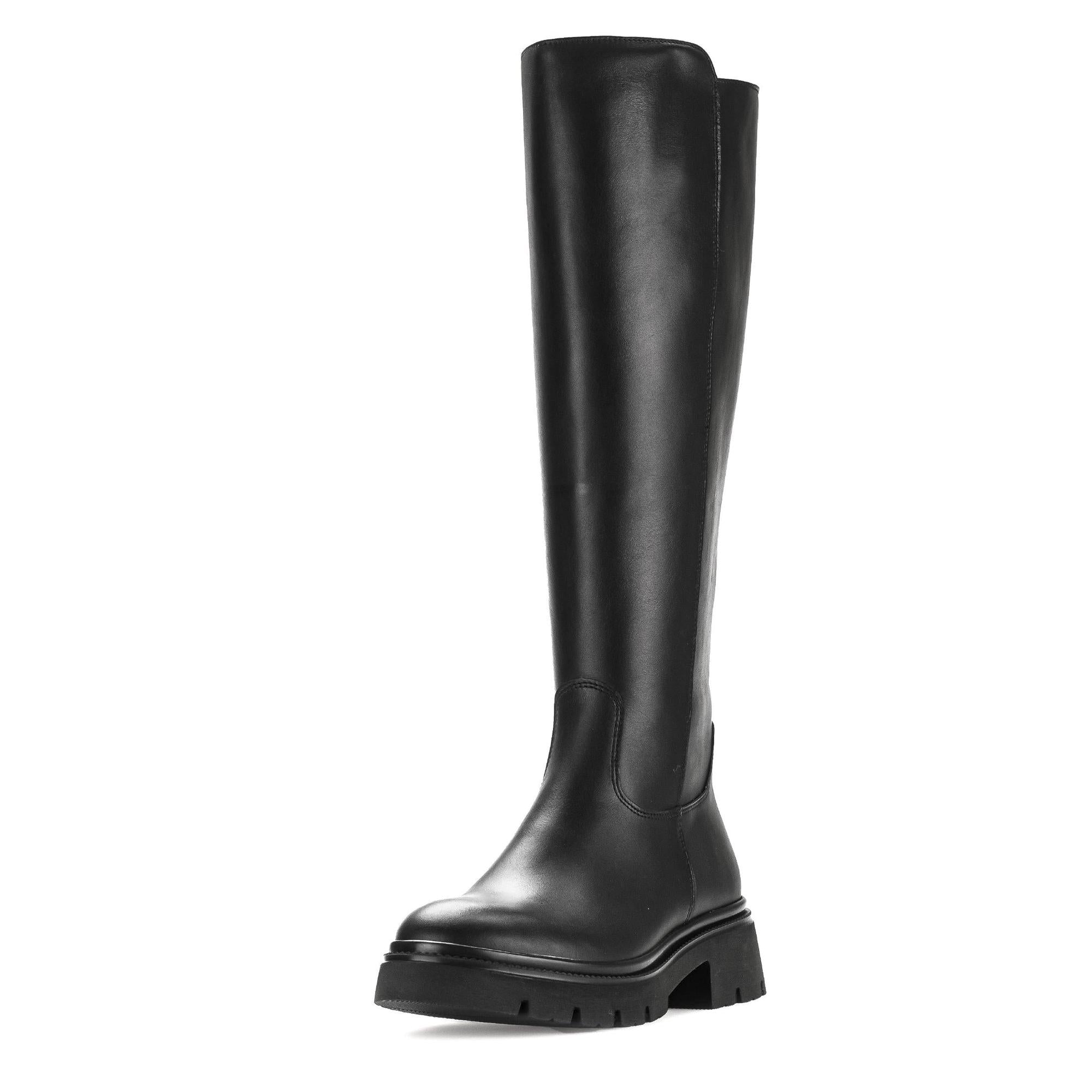 Gabor ladies black leather knee-high boots with side zipper and chunky lug sole.