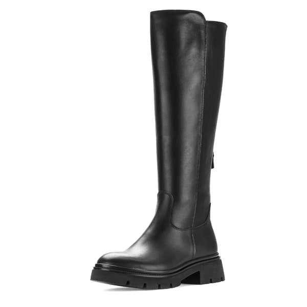 Gabor women's black leather knee-high boots with side zippers, waxed finish, chunky heel, and rugged tread sole.