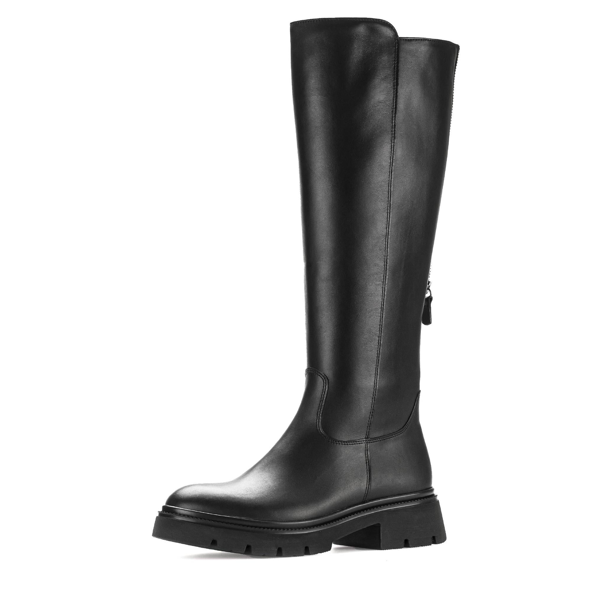 Gabor women's black waxed leather knee-high boots with side zipper, sturdy chunky heel, and rugged sole.