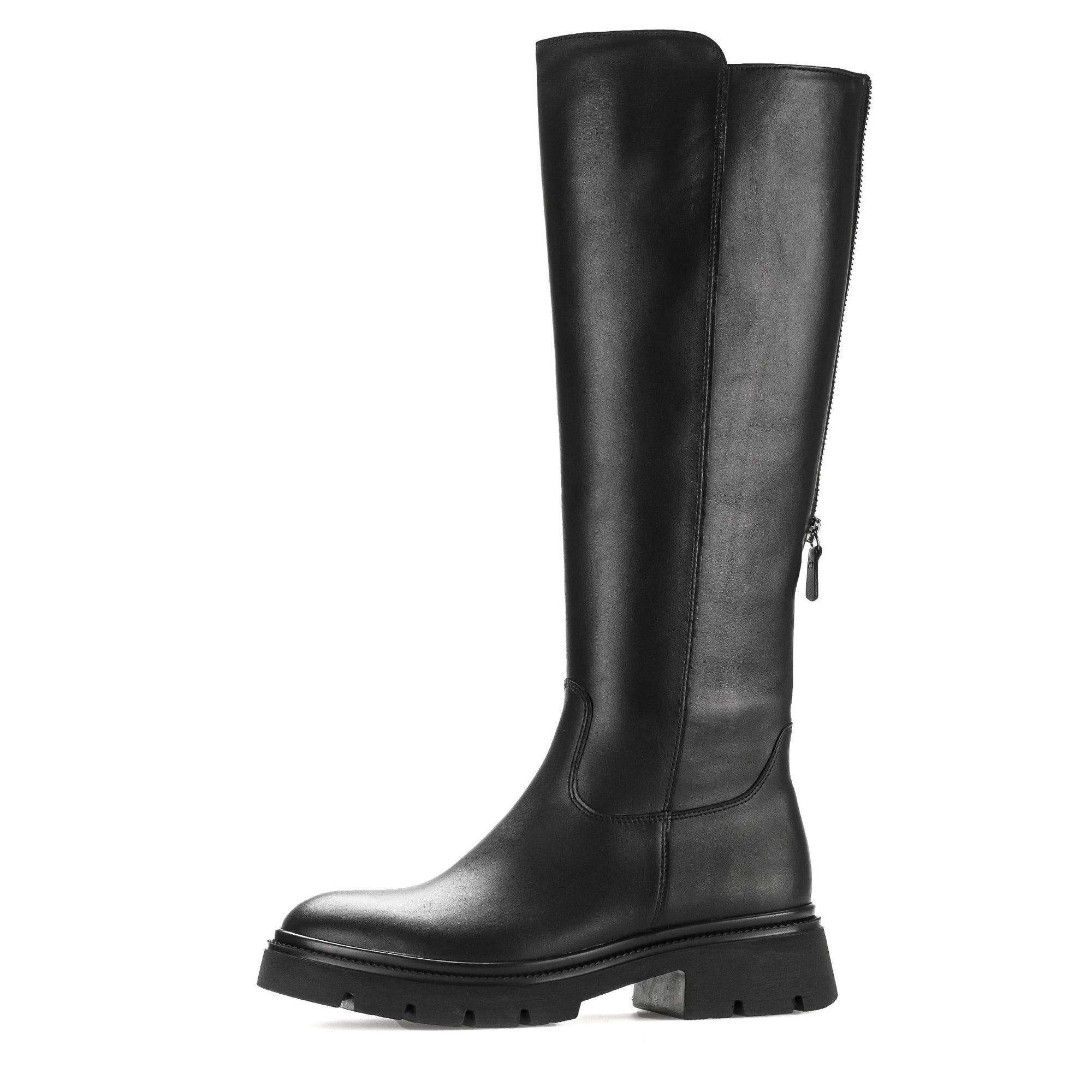 Gabor women's black waxed leather knee-high boots with side zipper, chunky heel, and rugged sole.