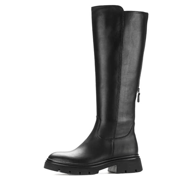 Gabor women's black waxed leather knee-high boots with side zipper, chunky heel, and rugged sole.
