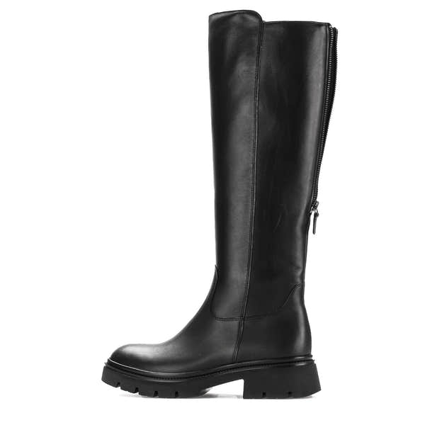Gabor Women's Black Waxed Leather Knee-High Boots with Side Zip, Chunky Heel, and Rugged Sole.