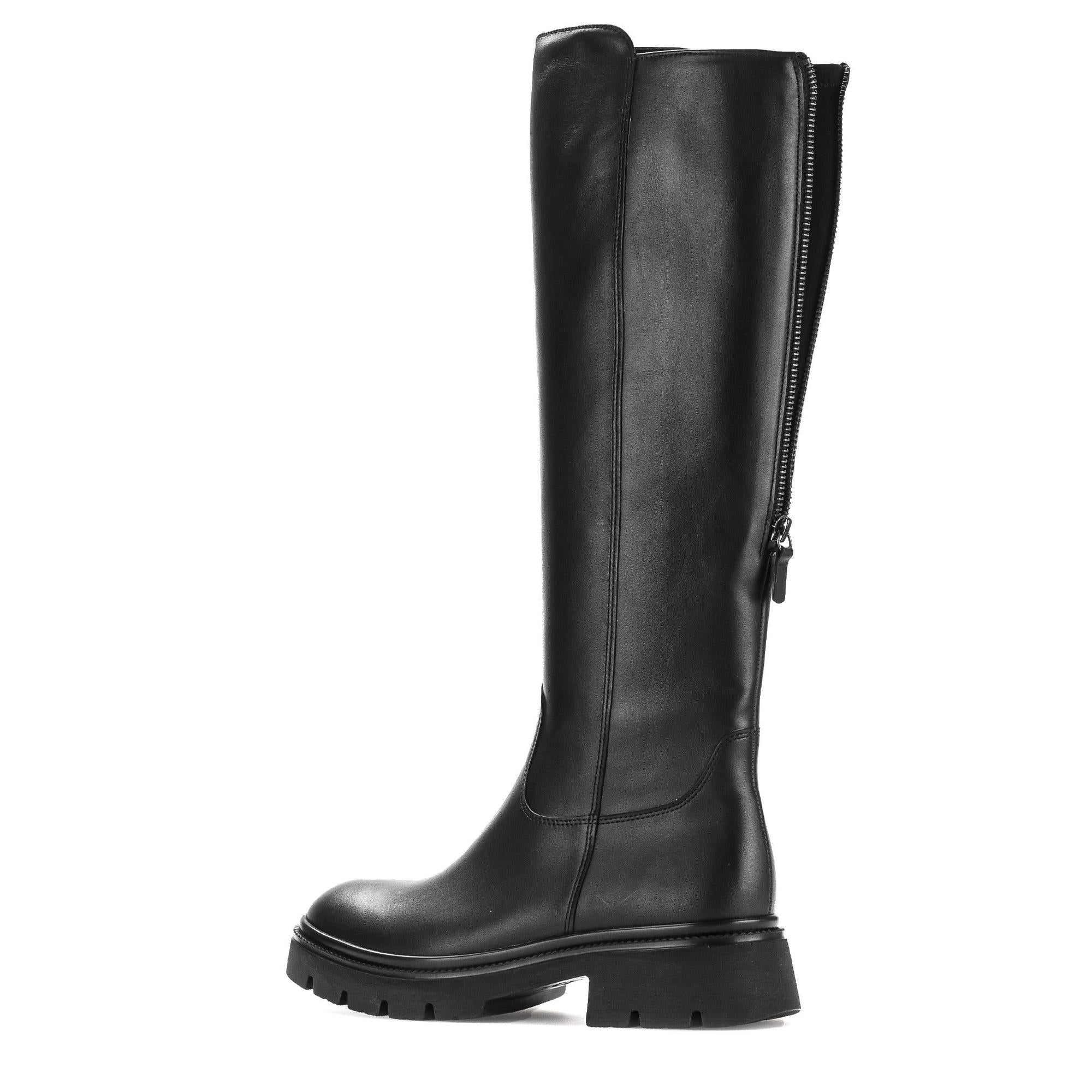 Gabor women's knee-high black leather boots with side zipper, waxed finish, chunky sole, and stylish design.