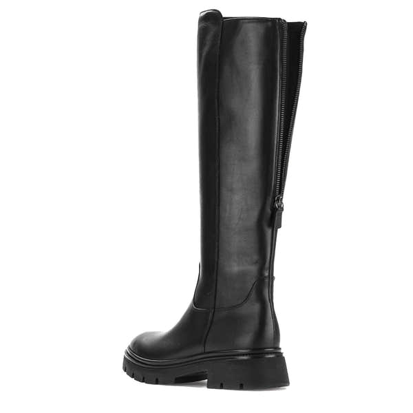 Gabor women's black waxed leather knee-high boots with side zipper, chunky sole, and fashionable design.