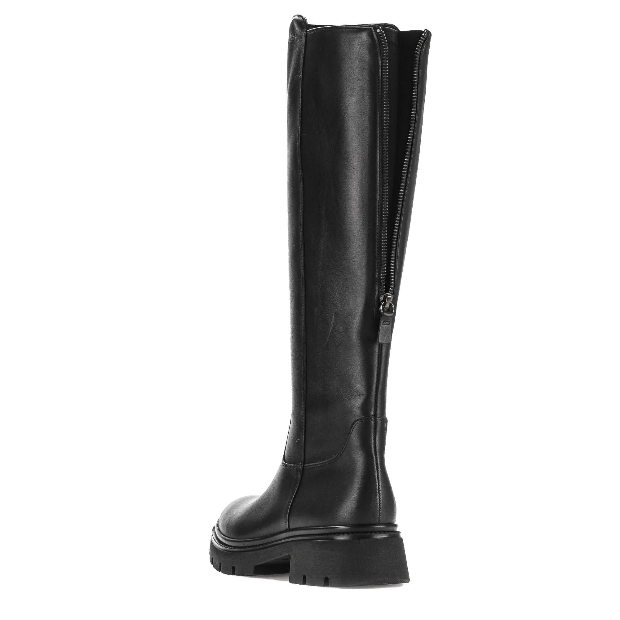 Gabor women's black waxed leather knee-high boots with side zipper, chunky heel, and rugged outsole.