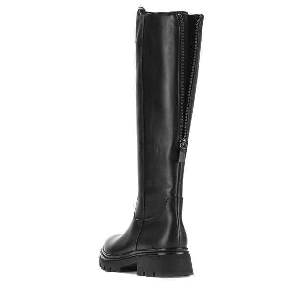 Gabor women's black waxed leather knee-high boots with side zipper, chunky heel, and rugged outsole.